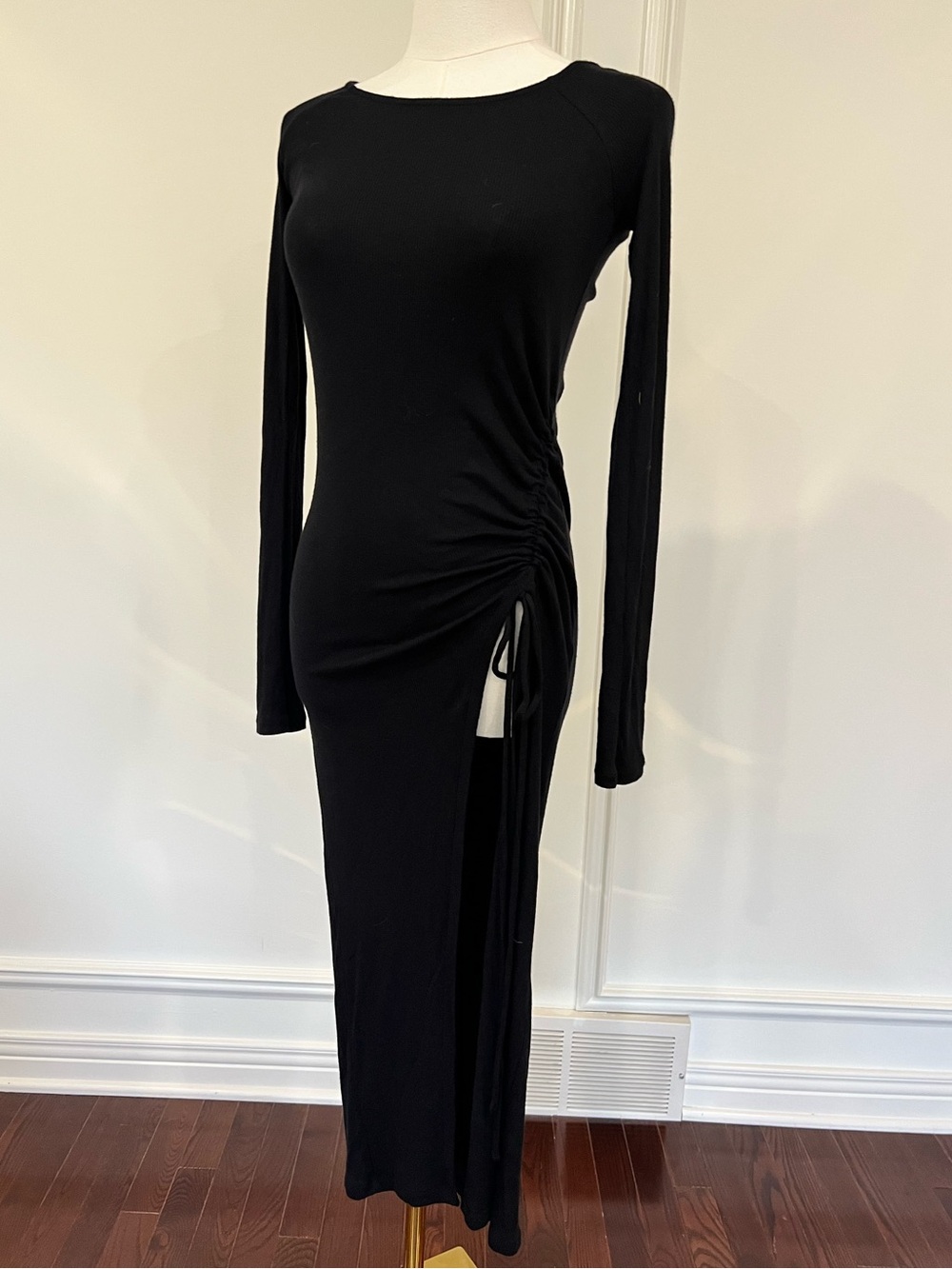 Black Ribbed Long Sleeve Maxi Dress Ruched Side Slit Bodycon Fitted Sz S